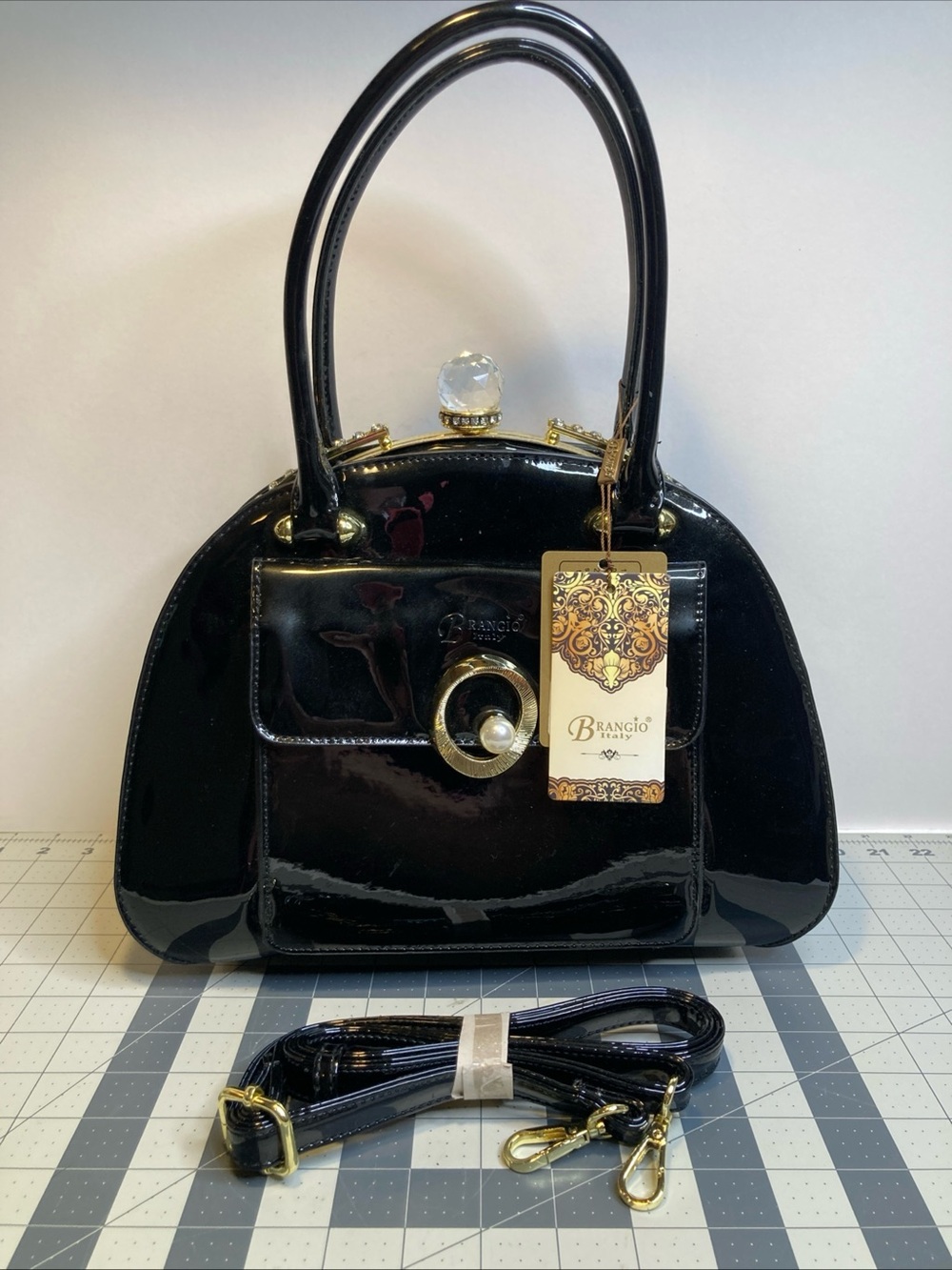 Brangio Black Glossy Patent Top Handle Kiss Lock Handbag Purse Italy Bling Bratz